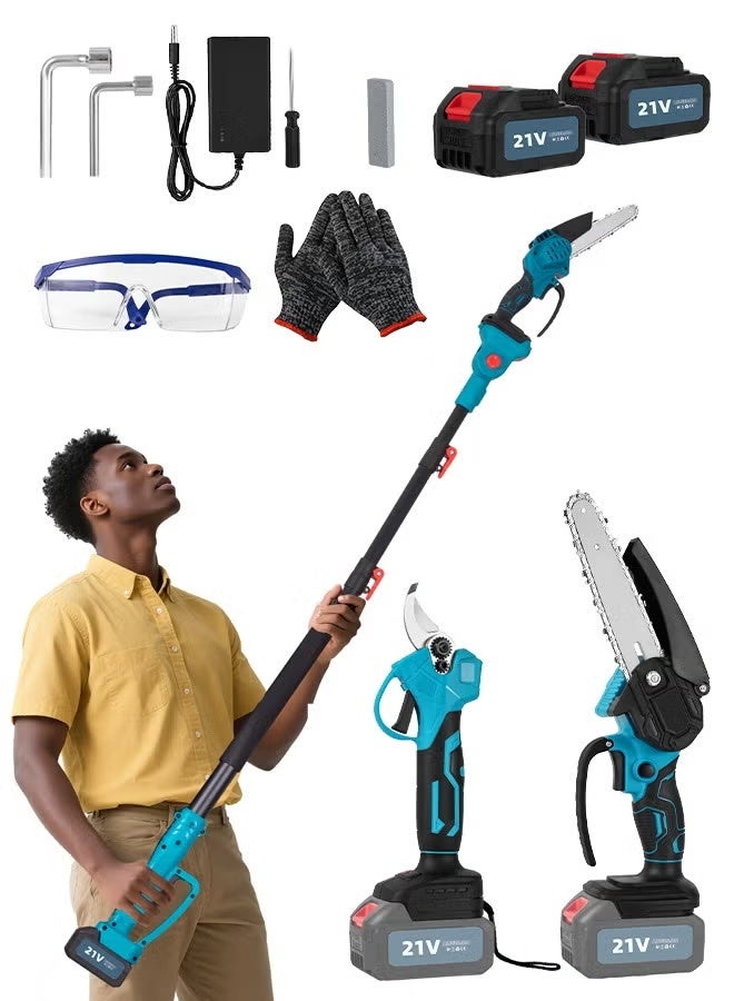 والالا مقصات تقليم كهربائية لاسلكية 3 في 1 ومجموعة منشار كهربائي 21 فولت بطاريتين مزدوجتين 2 متر عمود تلسكوبي منشار كهربائي صغير مقصات حدائق مقصات حدائق لاسلكية أدوات - Image 1