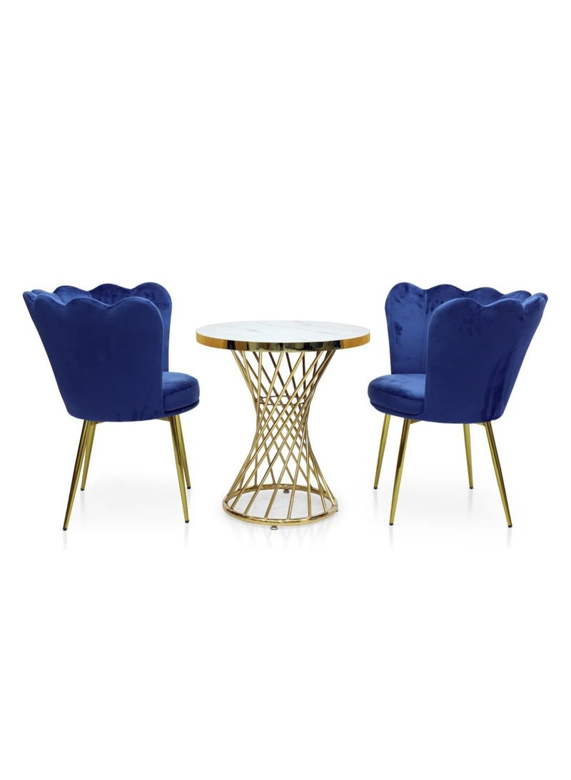 KARNAK Angela Flower Design Velvet Dining Chairs (1+2) Set of Upholstered Living Room Chair with Woven Back and Golden Metal Legs, Mid-Century Accent Side Chair for Dining Room, Living Room (Blue)  - Image 1