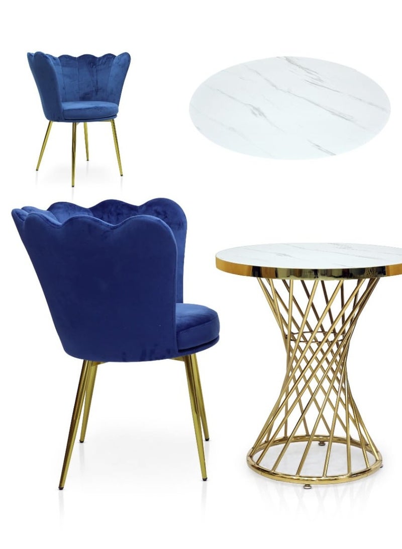 KARNAK Angela Flower Design Velvet Dining Chairs (1+2) Set of Upholstered Living Room Chair with Woven Back and Golden Metal Legs, Mid-Century Accent Side Chair for Dining Room, Living Room (Blue)  - Image 3