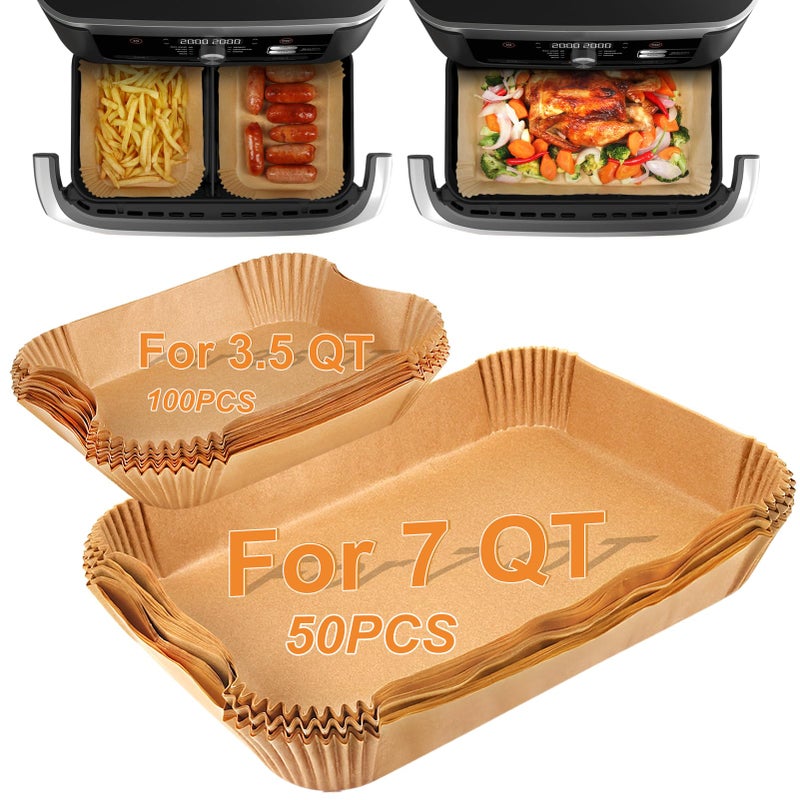 BYKITCHEN Air Fryer Liners for Ninja Foodi DZ071 7QT 11QTInstant 9 Qt DualZone FlexBasket Airfryer 100pcs Small Air Fryer Dual Liners 50pcs Large Papers for 7qt11qt Megazone