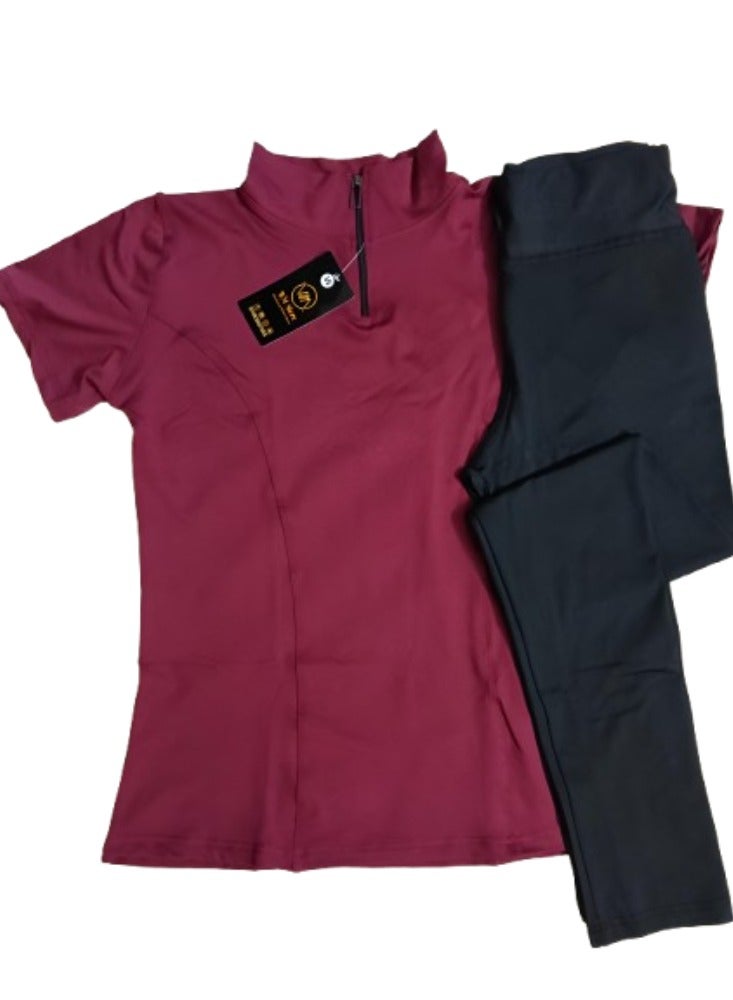 Women's Sports Set – Dry Fit Zipper T-Shirt & Leggings | Anti-Sweat, Anti-Bacterial, Full Lycra 