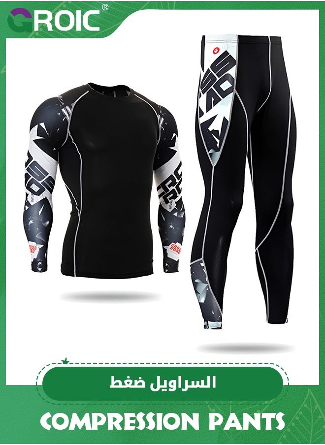 GROIC - Sports Running Set for Men, Men's Workout Compression Set Pants and Long Sleeve Shirts, Compression Shirt + Pants Skin-Tight Long Sleeves Quick Dry Fitness Tracksuit Gym Bottom Set - Image 1