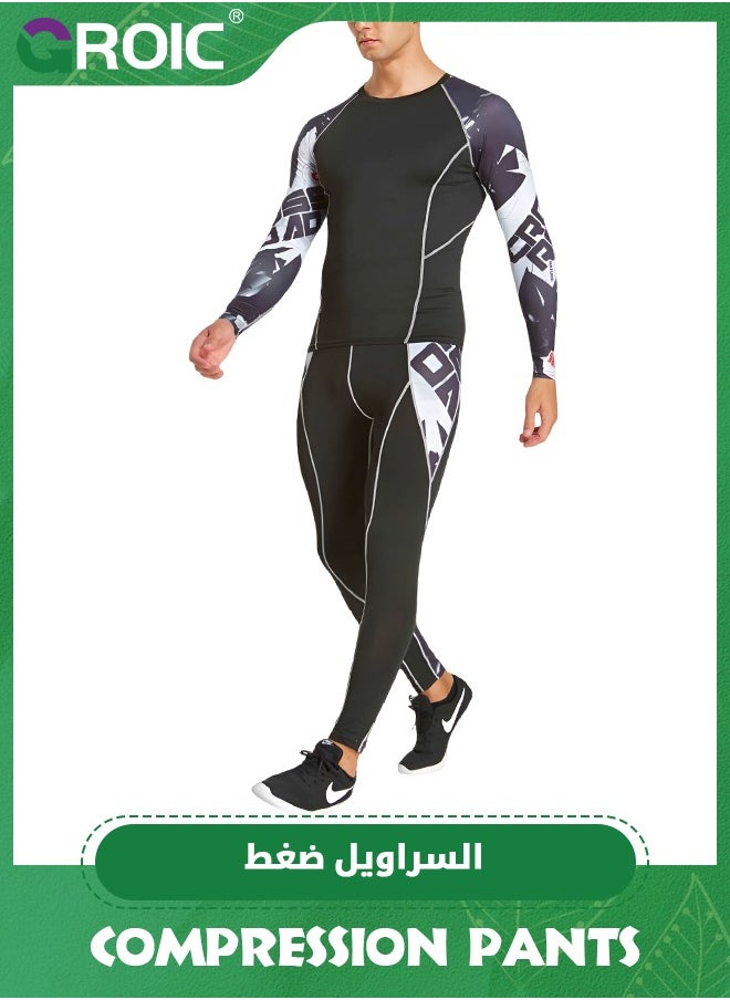 GROIC - Sports Running Set for Men, Men's Workout Compression Set Pants and Long Sleeve Shirts, Compression Shirt + Pants Skin-Tight Long Sleeves Quick Dry Fitness Tracksuit Gym Bottom Set - Image 1