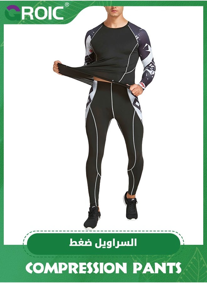 GROIC - Sports Running Set for Men, Men's Workout Compression Set Pants and Long Sleeve Shirts, Compression Shirt + Pants Skin-Tight Long Sleeves Quick Dry Fitness Tracksuit Gym Bottom Set - Image 1