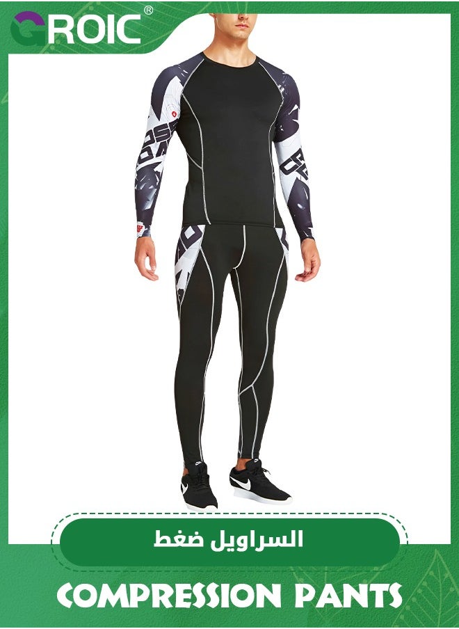GROIC - Sports Running Set for Men, Men's Workout Compression Set Pants and Long Sleeve Shirts, Compression Shirt + Pants Skin-Tight Long Sleeves Quick Dry Fitness Tracksuit Gym Bottom Set - Image 1