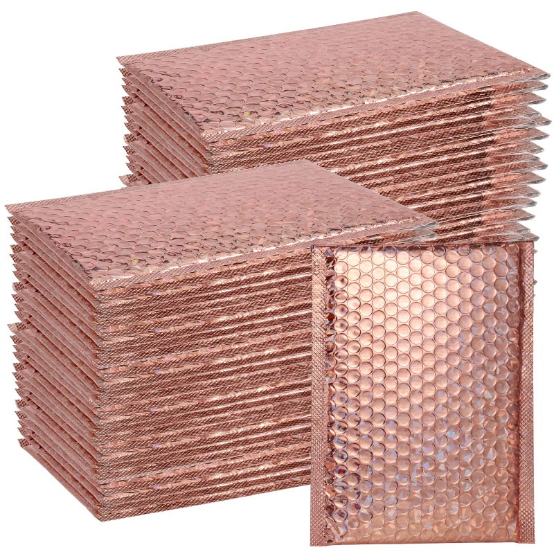 SINJEUN 50 Pieces 6 x 10 Inch Holographic Bubble Mailers Rose Gold Metallic Padded Bubble Mailers Glamour Self Sealing Cushion Envelopes for Mailing Shipping and Packing