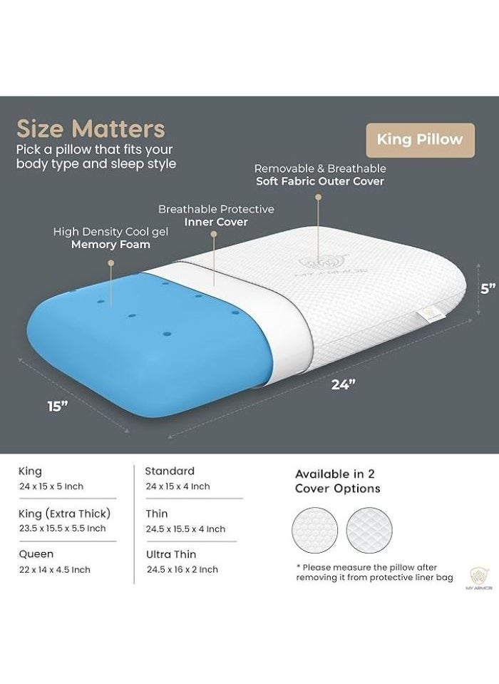 My Armor Ventilated Cooling Gel Memory Foam King Size Pillows, Orthopedic Pillows for Neck Pain Relief, Combo of King Size Pillows (24x15x5 Inches) with Removable Zipper Cover, Set of 2, White - pzsku/ZB2B8FE7BF3E0DAED2389Z/45/_/1704523553/52583cc8-c019-407d-a8e9-3daa0572564f