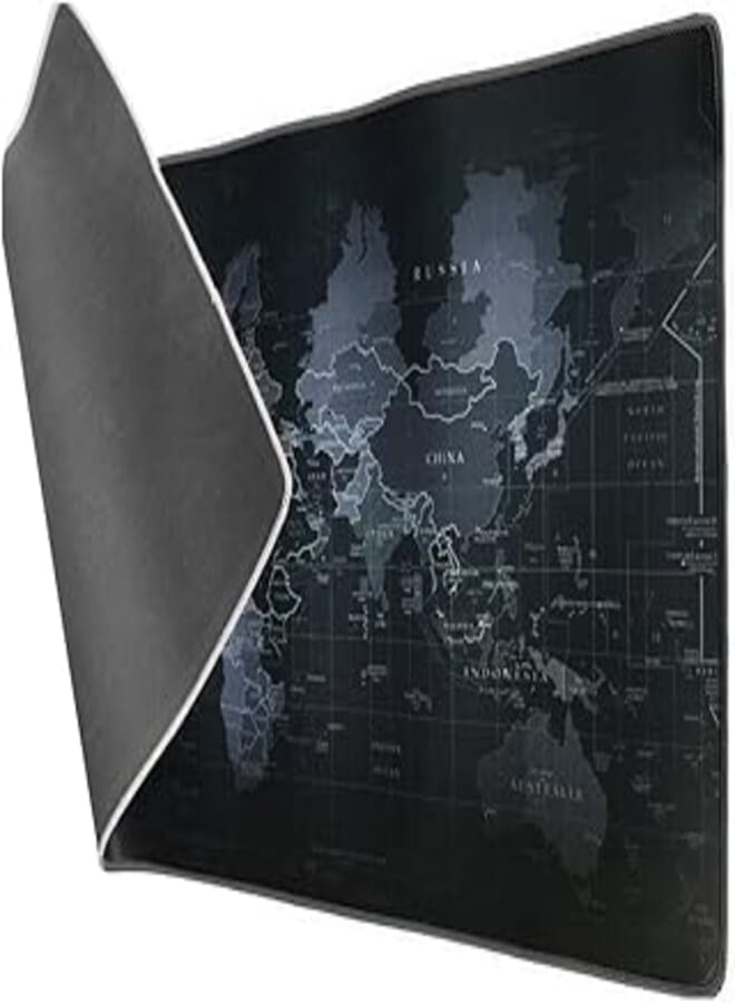لوحة ماوس كبيرة للألعاب من Vicloon مقاس 900 * 400 * 3 مم، لوحة ماوس ممتدة ولوحة مفاتيح ولوحة مكتب مع قاعدة مطاطية غير قابلة للانزلاق وحواف مخيطة لوحة ماوس أو كمبيوتر محمول أو كمبيوتر شخصي - خريطة العالم باللون الأسود