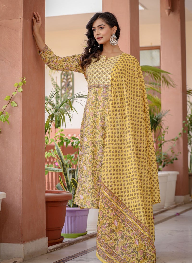 Swadesh Souq Floral Printed Cotton Kurta Pant Set with Dupatta - Image 1