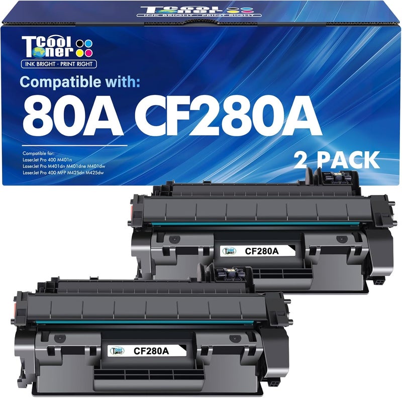 كول تونر خرطوشة حبر CF280A 80A متوافقة مع HP 80A CF280A CF280X 80X لطابعات HP Laserjet Pro 400 M401n M401dn MFP M425dn M401dne M401dw M425dw M425 M401 (أسود، عبوة 2) - Image 1