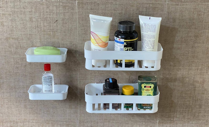 MOSHTU Bathroom Shelf Kitchen Shelf Soap Box Stand Combo - Wall Mount Bathroom Accessories for Home Decor with Self Adhesive Sticker - White (Combo Bathroom Shelve 2Pcs+ Soap Stand 2Pcs)(Plastic) - Image 1