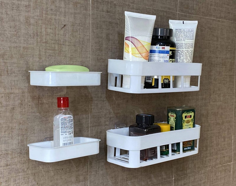 MOSHTU Bathroom Shelf Kitchen Shelf Soap Box Stand Combo - Wall Mount Bathroom Accessories for Home Decor with Self Adhesive Sticker - White (Combo Bathroom Shelve 2Pcs+ Soap Stand 2Pcs)(Plastic) - Image 3