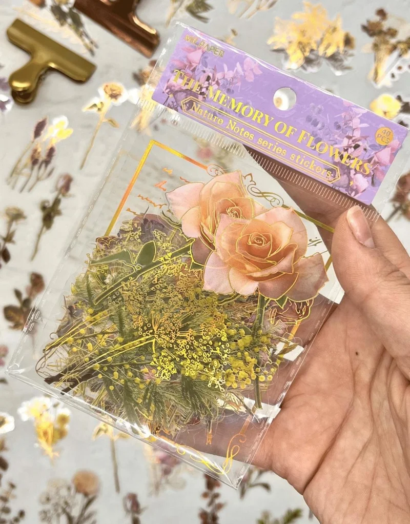 Kağıt Gemi Dükkan Nature Notes Series The Memory Of Flowers 40 Pieces Gold Gilded Transparent Pet Sticker / Waterproof