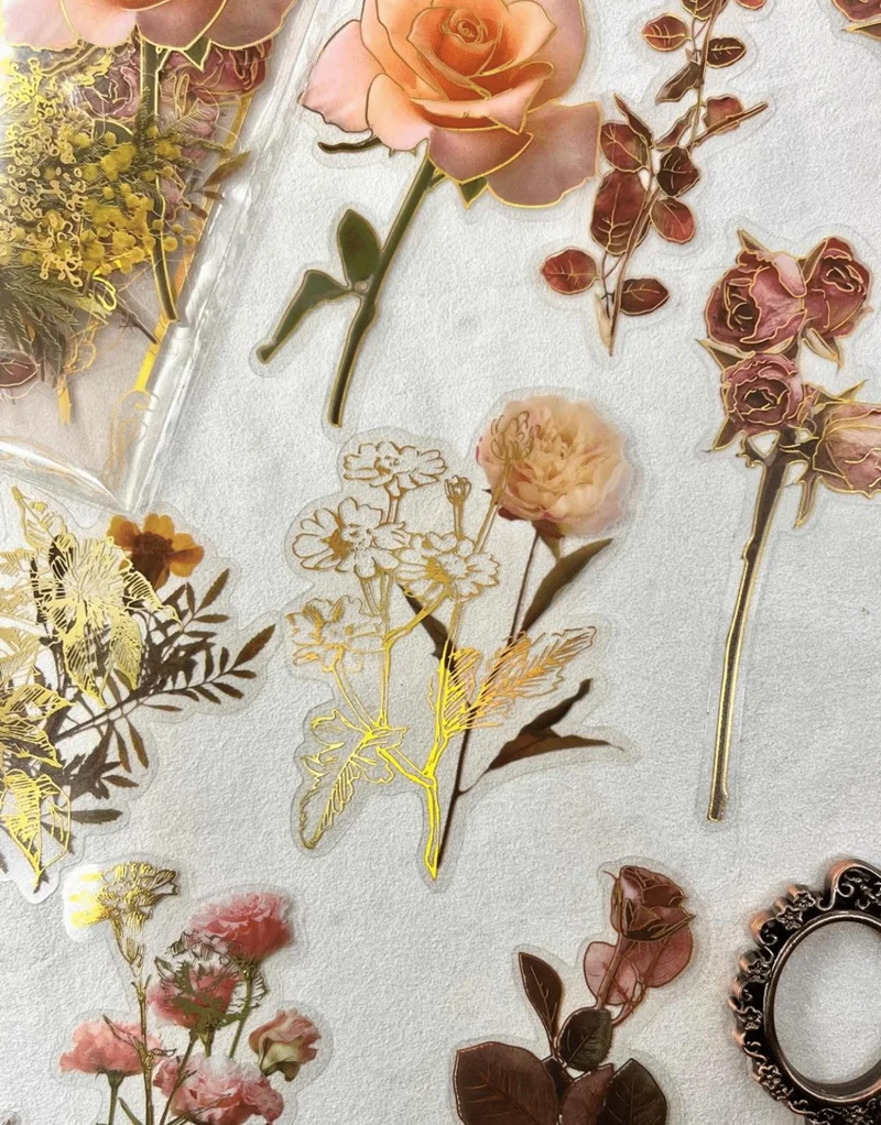 Kağıt Gemi Dükkan Nature Notes Series The Memory Of Flowers 40 Pieces Gold Gilded Transparent Pet Sticker / Waterproof