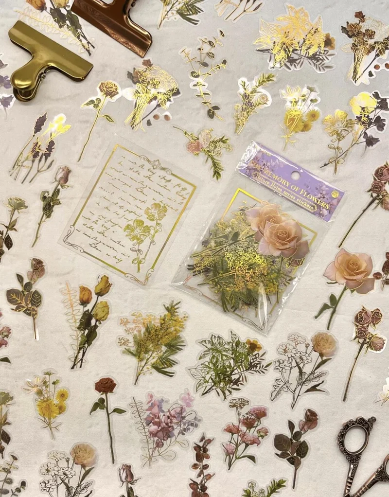 Kağıt Gemi Dükkan Nature Notes Series The Memory Of Flowers 40 Pieces Gold Gilded Transparent Pet Sticker / Waterproof