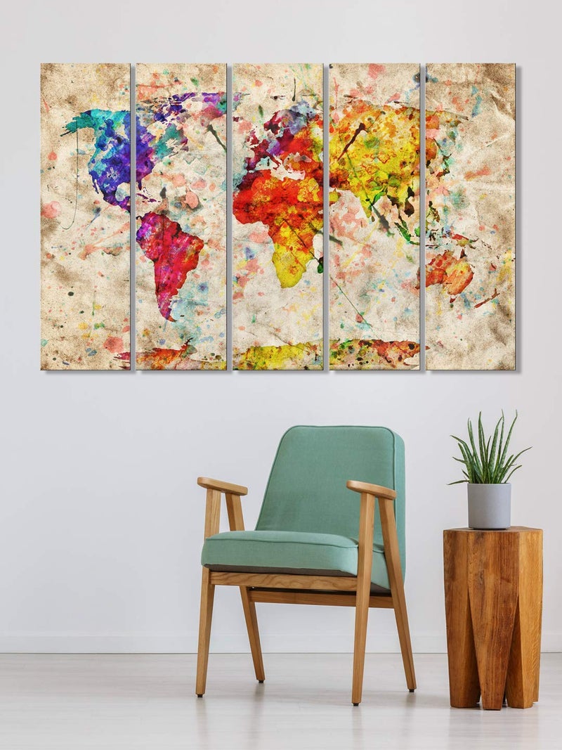 999STORE Abstract Multi Color World Map Painting For Bedroom Kids Room Hall Wall Decoration Wall Art Panels Hanging World Map Painting Wall Decor Set Of 5 Frames 130 X 76 Cm Engineered Wood