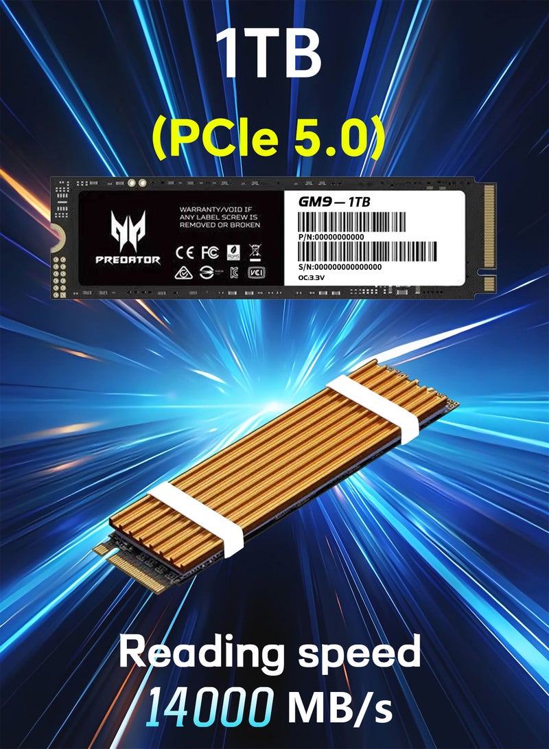 Predator PCIE 5.0 M.2 SSD 1TB 14000MB/s SSD PCIe NVMe Gen5 M.2 2280, Internal Solid State Drives,Best for AI Computing, Gaming, and Heavy Duty Workstations, Compatible with PS5, Desktop computer, Laptop, Including Heatsink, Disassembly Tools and Installation Instructions - Image 1