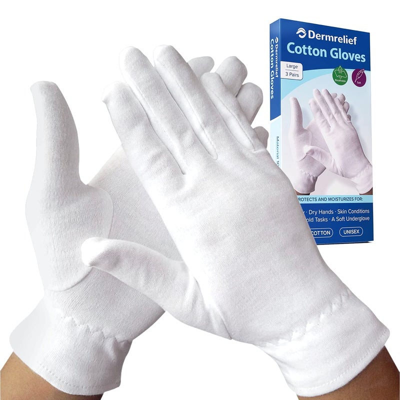 Dermrelief Cotton Gloves for Beauty Dry Hands Eczema Dermatitis and Psoriasis Large 3 Pairs
