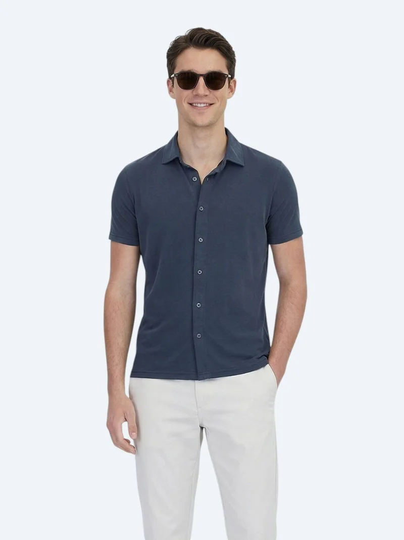 Kip Hard Coal Plain Regular Fit Short Knitting Casual Shirt