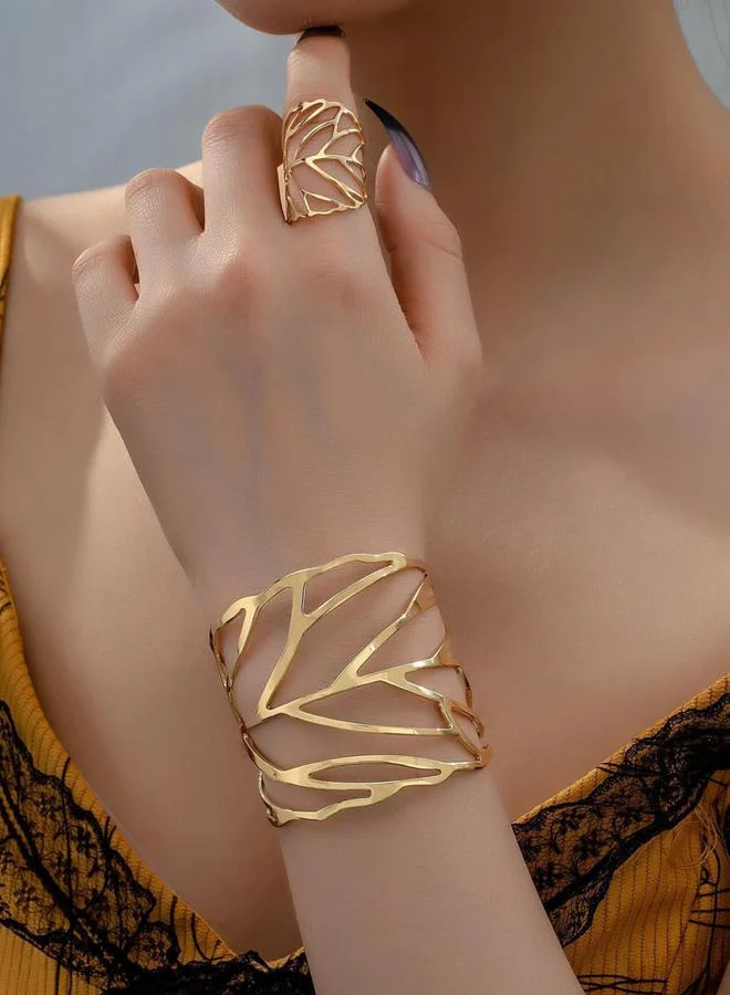 2-Piece Hollow Leaf Bracelet and Ring Jewelry Set
