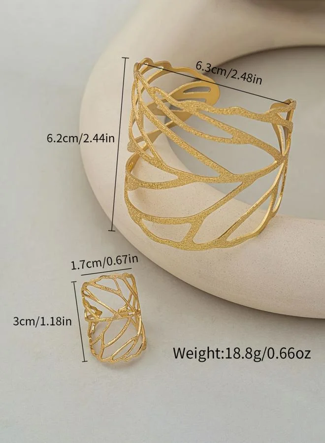 تايك تو طقم مجوهرات سوار وخاتم بشكل أوراق شجر مفرغة قطعتين