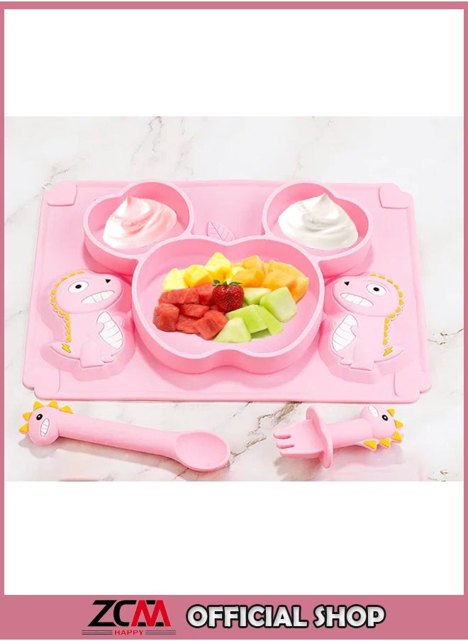 ZCM-HAPPY 3-Piece Baby Silicone Bear-Shaped Plate and Dino Spoon Set – Fun, Safe and Easy to Clean  - Image 1