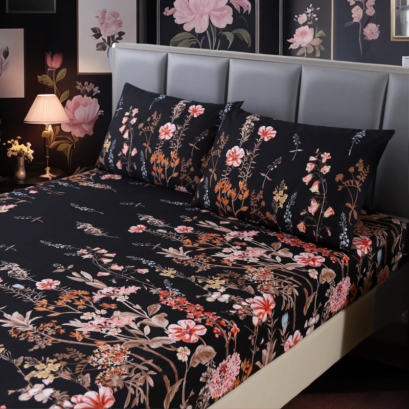 MAG 3pcs Black Floral Queen Bed Sheet,Microfiber Flower Bedding Sheet Set,Boho Bedding Sheet Set with 1 Fitted Sheet and 2 Pillowcases,14 Inches Deep (Black, Queen) - Image 1