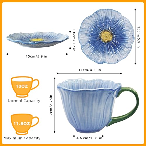 JUSONEY 10 oz Tea Cups and Saucers, Ceramic Flower-shaped Cappuccino Cup, Latte Cup and Saucer set, elegant floral Espresso Cup set, cups are microwave and dishwasher safe-Blue - Image 2