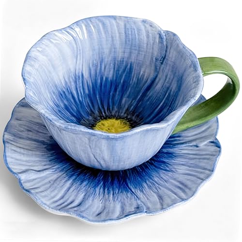JUSONEY 10 oz Tea Cups and Saucers, Ceramic Flower-shaped Cappuccino Cup, Latte Cup and Saucer set, elegant floral Espresso Cup set, cups are microwave and dishwasher safe-Blue - Image 1