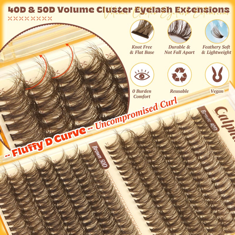 calphdiar Brown Lash Clusters Fluff Cluster Eyelash Extensions 40D+50D Natural Dark Brown Eyelash Clusters 280PCS Individual Lashes Clusters 10-16mm DIY Wispy Cluster Lashes Extension at Home - Image 4