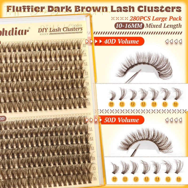 calphdiar Brown Lash Clusters Fluff Cluster Eyelash Extensions 40D+50D Natural Dark Brown Eyelash Clusters 280PCS Individual Lashes Clusters 10-16mm DIY Wispy Cluster Lashes Extension at Home - Image 2