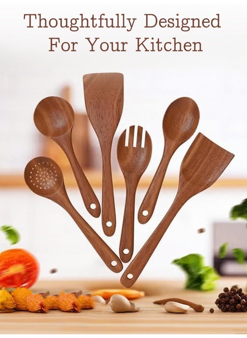 آي هوم شوب مجموعة ملاعق طبخ خشبية مكونة من 6 قطع، مجموعة أدوات مطبخ من خشب الساج الطبيعي، مناسبة للمطبخ وغرفة الطعام. - Image 5