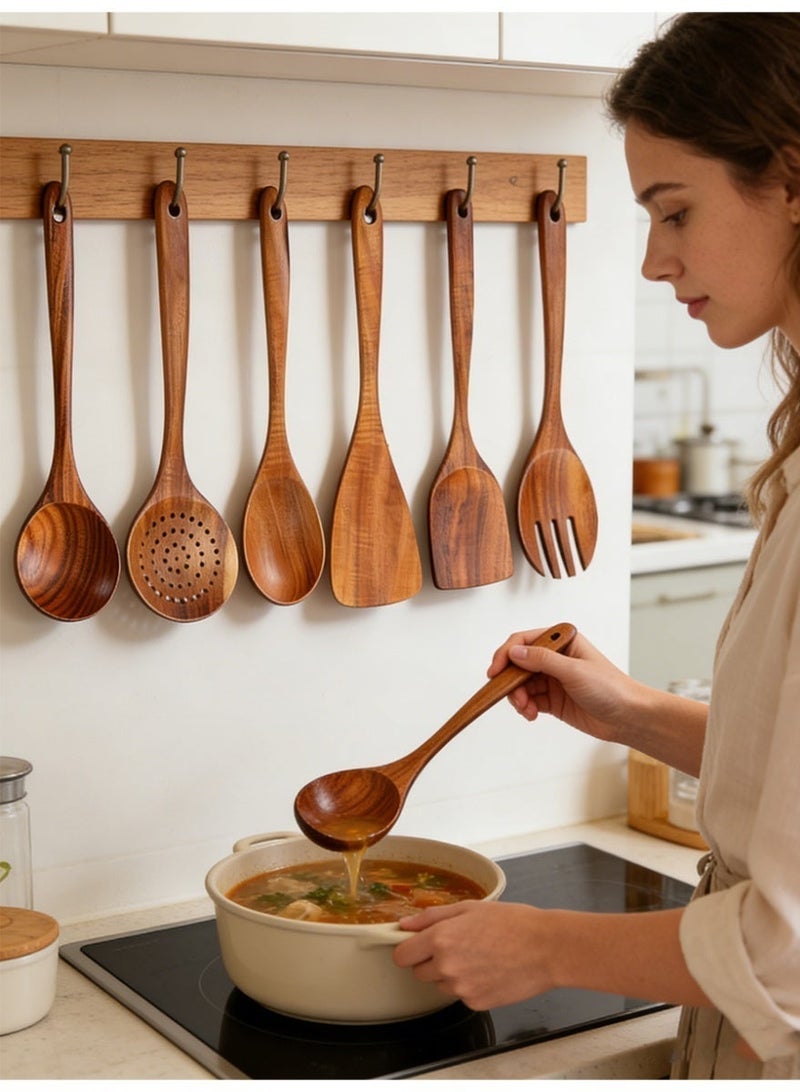 آي هوم شوب مجموعة ملاعق طبخ خشبية مكونة من 6 قطع، مجموعة أدوات مطبخ من خشب الساج الطبيعي، مناسبة للمطبخ وغرفة الطعام. - Image 1