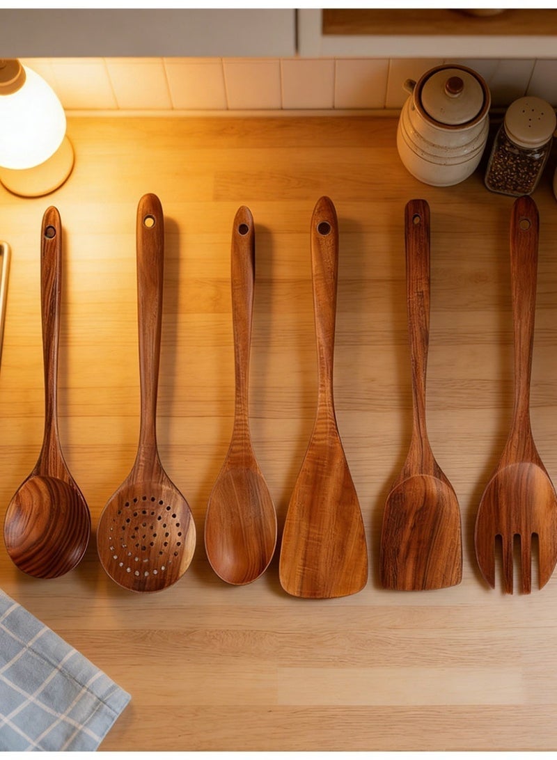 آي هوم شوب مجموعة ملاعق طبخ خشبية مكونة من 6 قطع، مجموعة أدوات مطبخ من خشب الساج الطبيعي، مناسبة للمطبخ وغرفة الطعام. - Image 2