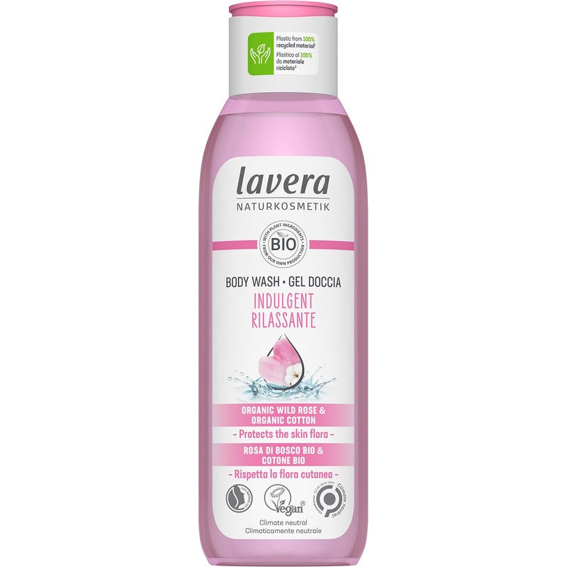 lavera Indulgent Body Wash cleansing with wild rose cotton pHneutral formula protects the skin microbiome and moisturizing PETA certified vegan natural cosmetics 845 floz