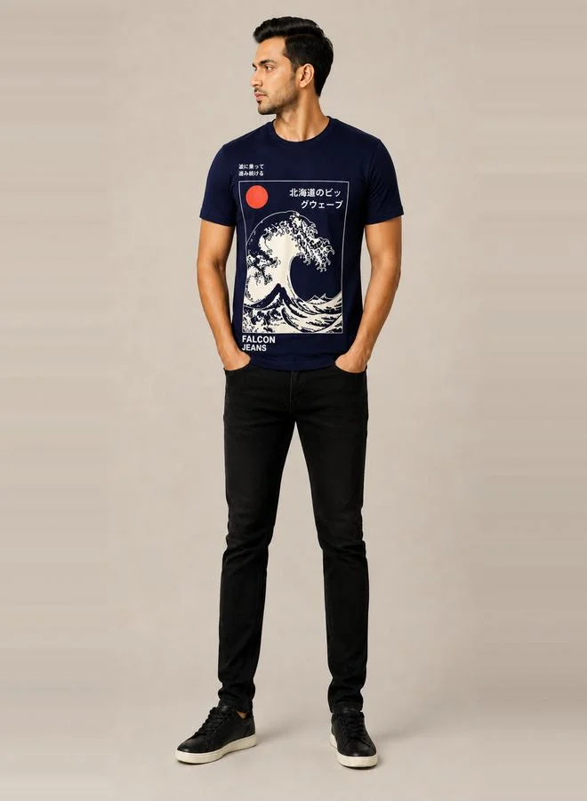 Take Two Navy Blue Japanese Wave Print Crew Neck T-Shirt By Falcon
