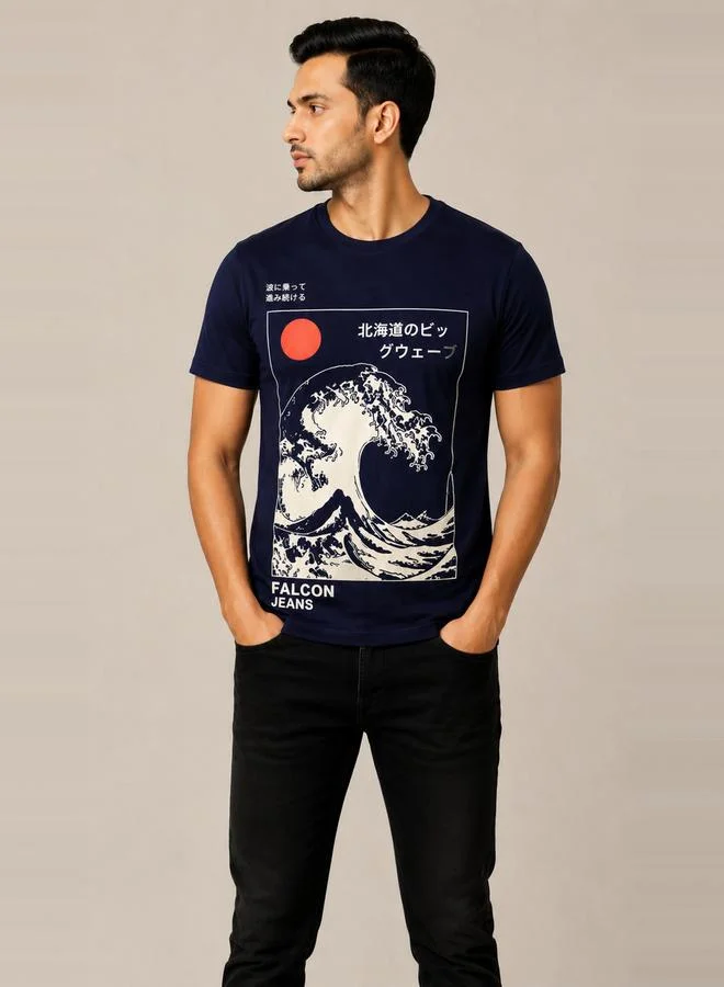 Take Two Navy Blue Japanese Wave Print Crew Neck T-Shirt By Falcon