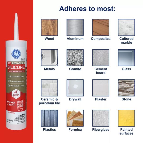 GE Advanced Silicone Caulk for Kitchen & Bathroom, White, 10 fl oz Cartridge, 1 Pack - 100% Waterproof Silicone Sealant, 5X Stronger Adhesion, Shrink & Crack Proof - Image 5