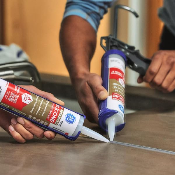 GE Advanced Silicone Caulk for Kitchen & Bathroom, White, 10 fl oz Cartridge, 1 Pack - 100% Waterproof Silicone Sealant, 5X Stronger Adhesion, Shrink & Crack Proof - Image 3