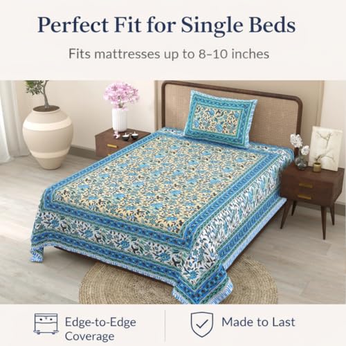elanorhomes 100% Cotton 240 TC Single Bed Sheet Set | Floral Hand Printed Bedsheet with Pillow Cover | Soft Breathable Fabric for Bedroom | 60x90 Inches (Tropical) - Image 5