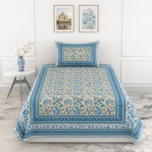 elanorhomes 100% Cotton 240 TC Single Bed Sheet Set | Floral Hand Printed Bedsheet with Pillow Cover | Soft Breathable Fabric for Bedroom | 60x90 Inches (Tropical) - Image 2