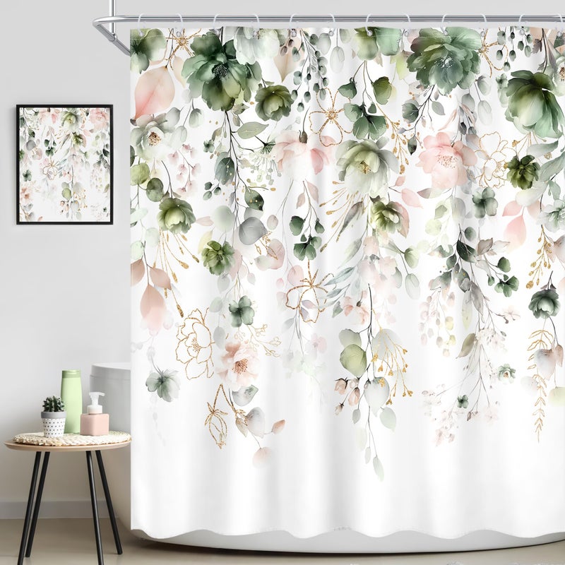 Ufeela Green Pink Floral Flower Shower Curtain 72Wx72L Inch Spring Summer Rustic Eucalyptus Leaves Pastel Wildflower Plant Botanical Pretty Bathroom Set Bath Curtain Bathtub Accessories Home Decor - Image 2