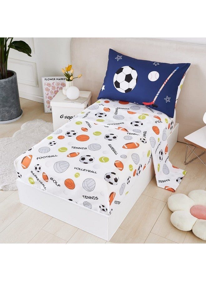 URBONUR 4-Piece Toddler Bedding Set - Ultra Soft Sports Series Baseball Football Basketball Boys Toddler Comforter Set Navy - Include Comforter, Flat Sheet, Fitted Sheet and Reversible Pillowcase - Image 3