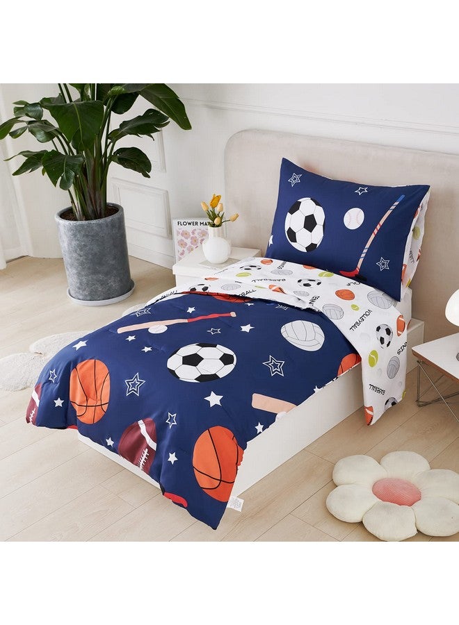 URBONUR 4-Piece Toddler Bedding Set - Ultra Soft Sports Series Baseball Football Basketball Boys Toddler Comforter Set Navy - Include Comforter, Flat Sheet, Fitted Sheet and Reversible Pillowcase - Image 2