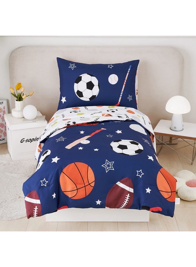 URBONUR 4-Piece Toddler Bedding Set - Ultra Soft Sports Series Baseball Football Basketball Boys Toddler Comforter Set Navy - Include Comforter, Flat Sheet, Fitted Sheet and Reversible Pillowcase - Image 1