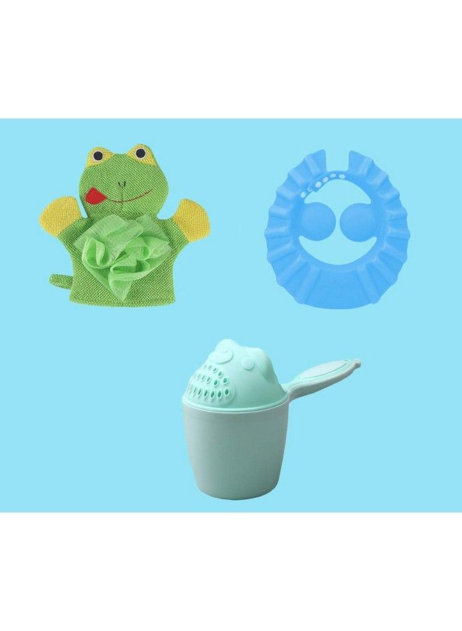Syga 1 Green Baby Rinser1 Blue Shampoo Shower Bath Cap1 Green Frog Face Cartoon Bathing Gloves - Image 1