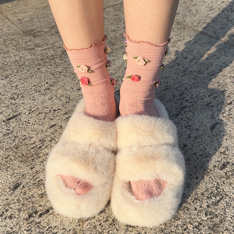 Spring and Summer Niche French Rose Handmade Flower Sweet Girl''s Cream Puff Middle Tube Stacked Socks Calf Socks - Image 5
