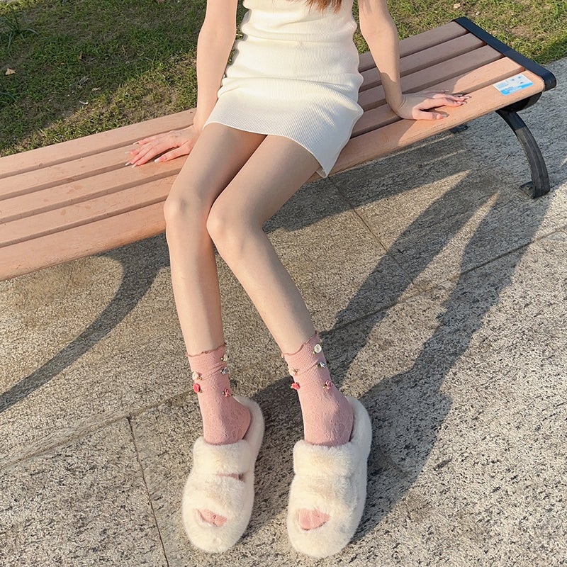 Spring and Summer Niche French Rose Handmade Flower Sweet Girl''s Cream Puff Middle Tube Stacked Socks Calf Socks - Image 4