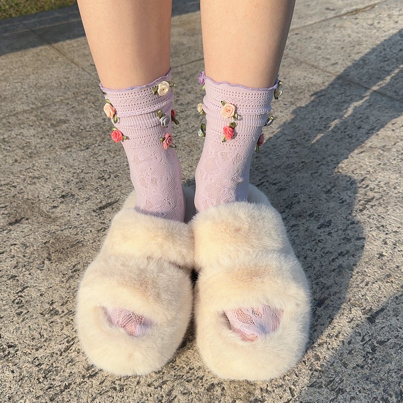 Spring and Summer Niche French Rose Handmade Flower Sweet Girl''s Cream Puff Middle Tube Stacked Socks Calf Socks - Image 2