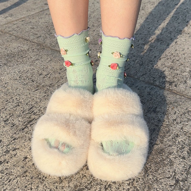 Spring and Summer Niche French Rose Handmade Flower Sweet Girl''s Cream Puff Middle Tube Stacked Socks Calf Socks - Image 1